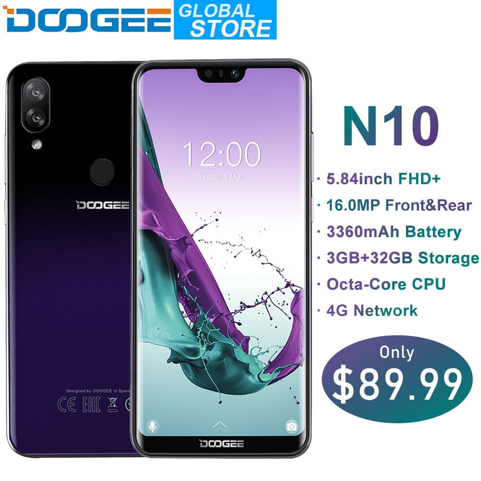 New DOOGEE N10 mobile Phone 16.0MP Front Camera 3360mAh Android 8.1 4GLTE Octa-Core 3GB RAM 32GB ROM 5.84inch FHD+ 19:9 Display