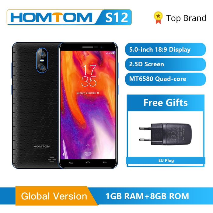 Original Global Version HOMTOM S12 Full Screen Mobile Phone 8GB 5 inch Android 6.0 Quad Core 8/2MP Back Dual Camera Smartphone