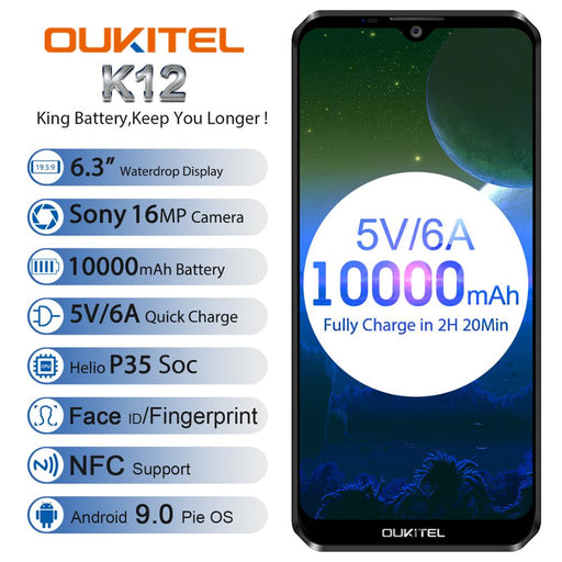 OUKITEL K12 5V 6A Smartphone Android 9.0 Mobile Phone 6.3'' 19.5:9 MTK6765 6G RAM 64G ROM NFC 10000mAh  Quick Charge Fingerprint