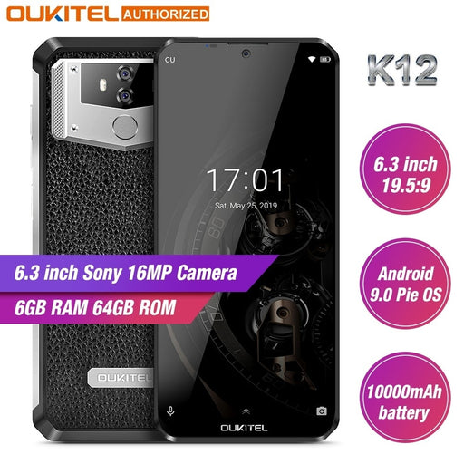 OUKITEL K12 10000mAh 5V/6A Quick Charge 4G LTE Smartphone 6.3" FHD+ 19.5:5 Waterdrop Android 9.0 Octa Core Mobile Phone 6GB 64GB