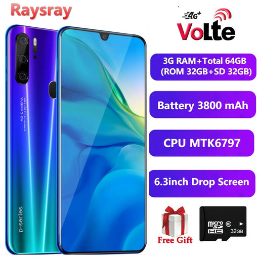 Raysray 4G LTE Cellphone P30 Smart Phone 3G RAM+Total 64GB (ROM 32GB+SD 32GB) 3800mAh Mobile Phone 8MP Dual SIM Cards