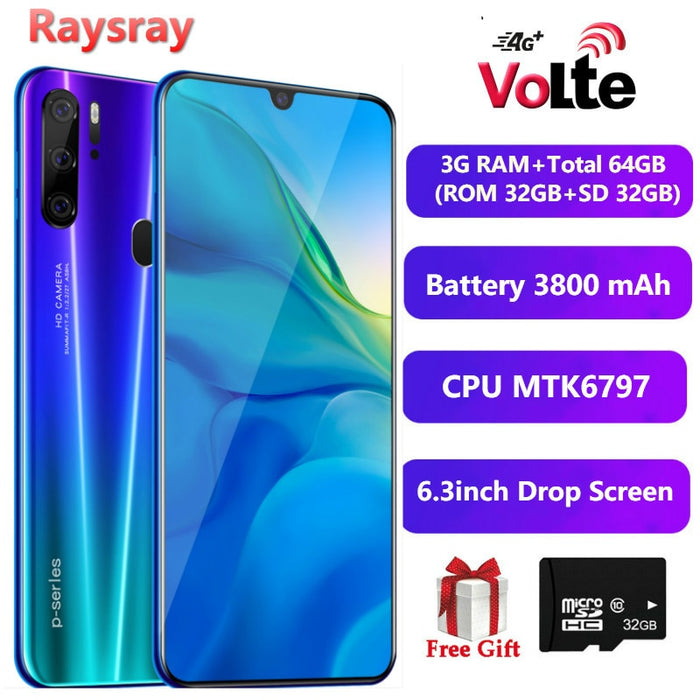 Raysray 4G LTE Cellphone P30 Smart Phone 3G RAM+Total 64GB (ROM 32GB+SD 32GB) 3800mAh Mobile Phone 8MP Dual SIM Cards