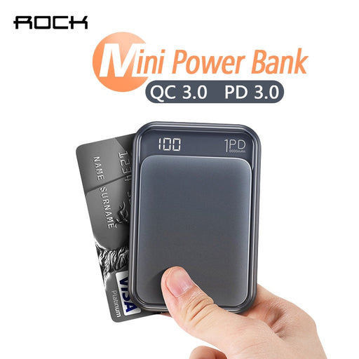 ROCK 18W Type C PD QC 3.0 Power Bank 10000mah Mini External Battery LED Display USB Quick Fast Charging Powerbank For iphone XS