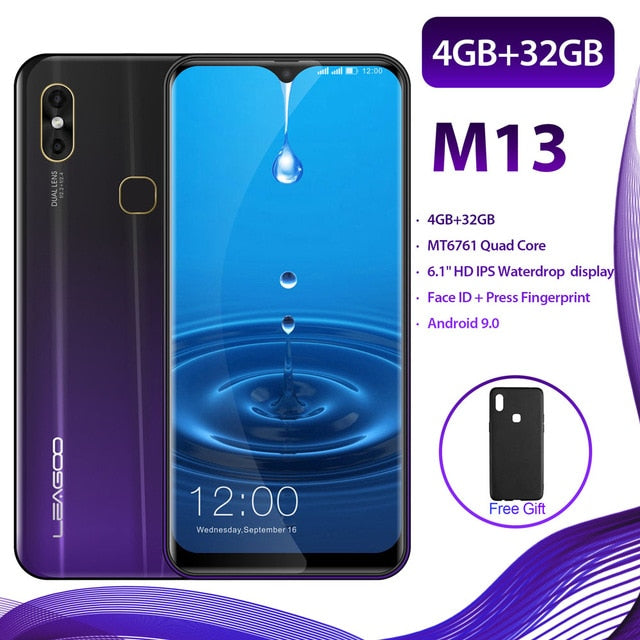 LEAGOO M13 Android 9.0 19:9 6.1" Waterdrop Smartphone 4GB RAM 32GB ROM MT6761 Quad Core Fingerprint Face ID 4G Mobile Phone