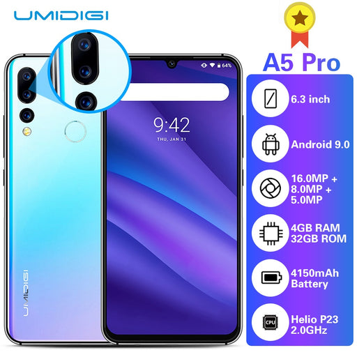 UMIDIGI A5 PRO 4G Smartphone 6.3 inch FHD+ Android 9.0 Cellphone 4GB RAM 32GB ROM 16.0MP+8.0MP+5.0MP Rear Camera Mobile Phone