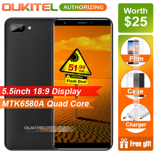 OUKITEL C11 5.5 inch MTK6580A Quad Core Android 8.1 Smartphone 18:9 IPS Display 1GB+8GB 5MP+2MP/2MP 3400mAh Battery Mobile Phone
