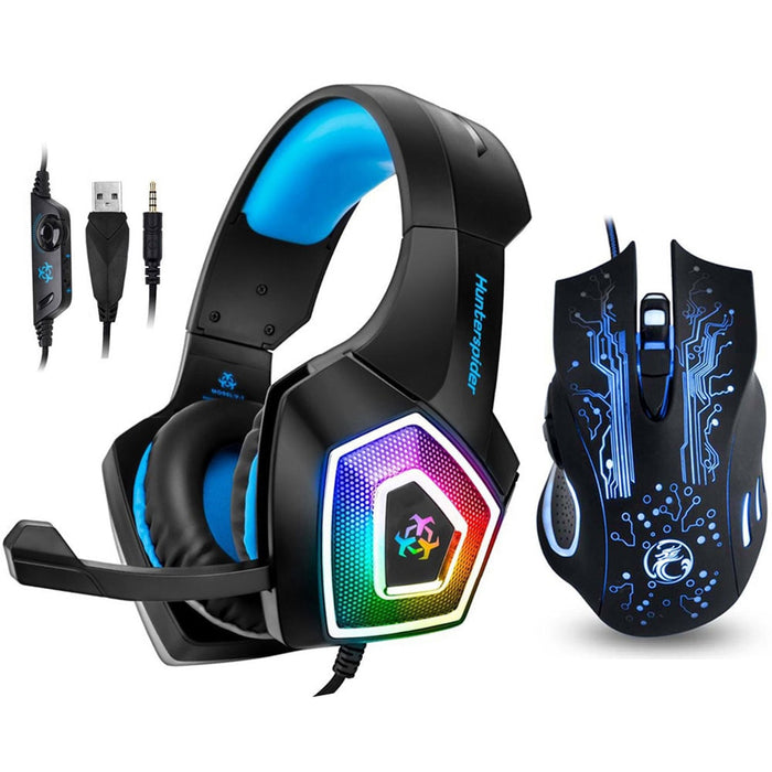 Hunterspider V1 Gaming Headset Stereo Bass Heaphone With Mic LED Light for PS4 Xbox One PC+5000DPI 7 Buttons Pro Gaming Mouse