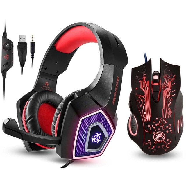 Hunterspider V1 Gaming Headset Stereo Bass Heaphone With Mic LED Light for PS4 Xbox One PC+5000DPI 7 Buttons Pro Gaming Mouse