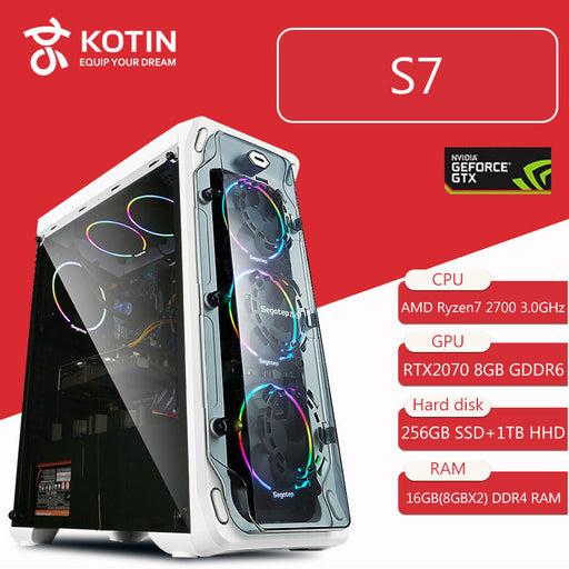 KOTIN S7 Gaming PC Desktop Computer Ryzen 7 2700 GeForece RTX2070 Intel 256GB SSD WD 1TB HDD 16GB RAM Corsair 650W Liquid Cooler