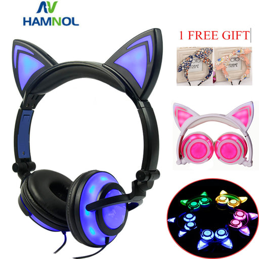 Glowing Light Cat Ear Headphones Stereo Cat Earphones 3.5mm Wired Gaming Headset for PC Gamer Mobile Phone SP4 New XBOX Tablet