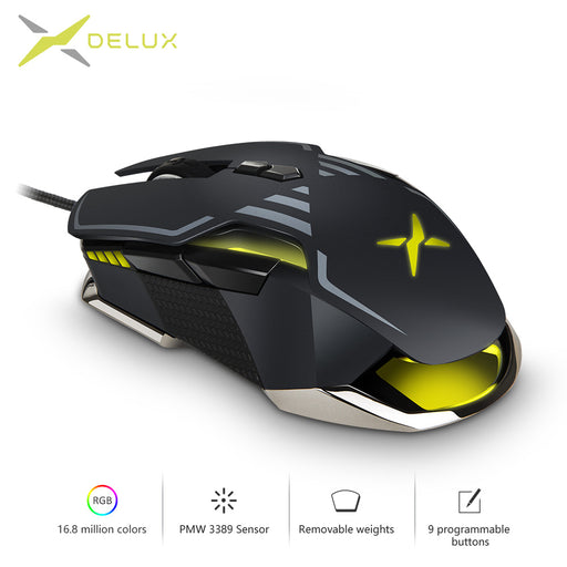 Delux M628 PMW3389 Sensor 16000 DPI Gaming Mouse 9 Buttons 50G ACC RGB Wired Optical Both Hands Mice with Weight set For Gamer