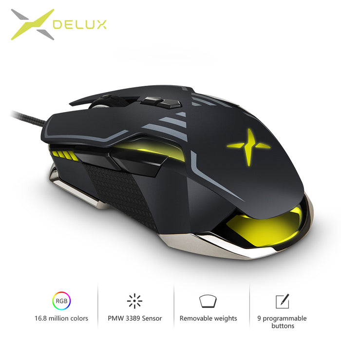 Delux M628 PMW3389 Sensor 16000 DPI Gaming Mouse 9 Buttons 50G ACC RGB Wired Optical Both Hands Mice with Weight set For Gamer