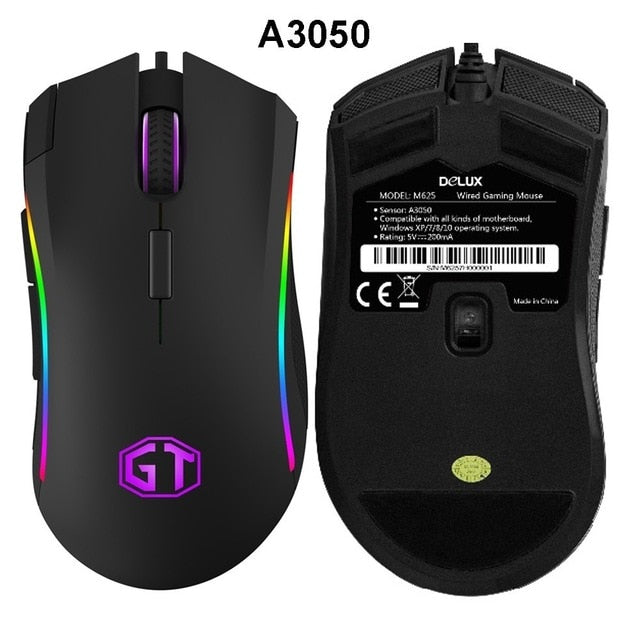 Delux M625 Wired Gaming Mouse Ergonomic PMW3360 7D Max to 24000 DPI Adjust RGB Backlit Mice With Wrist Rest Mouse Pad For PC