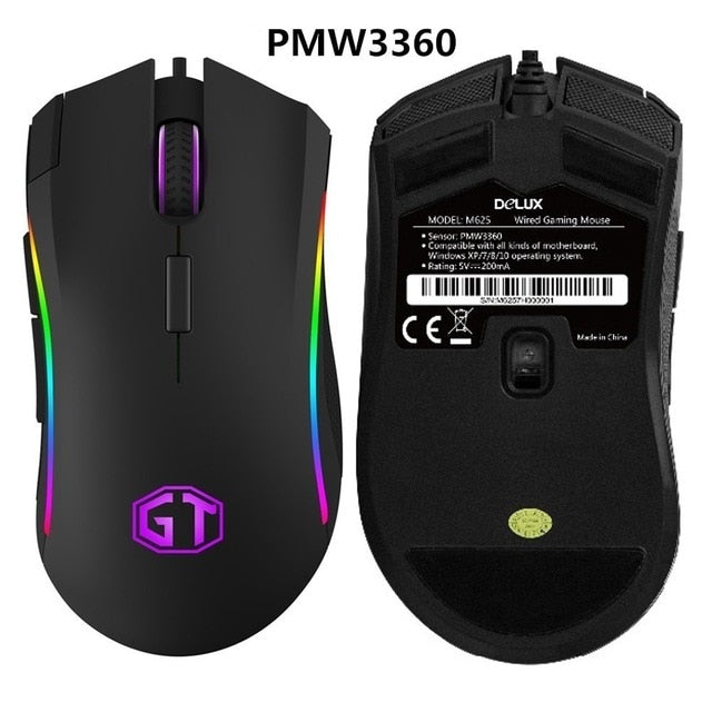 Delux M625 Wired Gaming Mouse Ergonomic PMW3360 7D Max to 24000 DPI Adjust RGB Backlit Mice With Wrist Rest Mouse Pad For PC